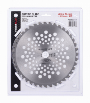 Tento žací nůž (pila) POWERPLUS je určen pro všechny křovinořezy s upínacím průměrem 25,4 mm. Kotouč má průměr 255mm a síla materiálu je 1,25mm. 